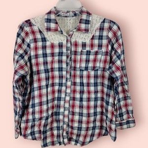 Cupid's Diary Women's Plus 1X Americana Plaid Button-Up Lacey Collar Cotton Top